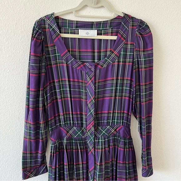 Vintage 80s Eileen West Plaid Pleated Maxi Dress Cottagecore SZ 10 (Modern S) - Picture 6 of 16